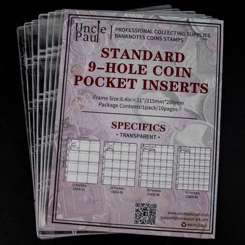 Miniatura 5 de Páginas de recolección de monedas, 5 hojas, 20 bolsillos, estándar de 9 agujeros, bolsillo para monedas, fundas de recolección para monedas Uncle 5