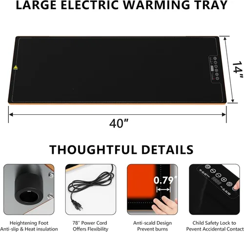 Miniatura 3 de Bandeja de calentamiento de alimentos para bufé de fiestas, 40"x14" extra grande larga con superficie de vidrio, tapete calentador eléctrico con 9