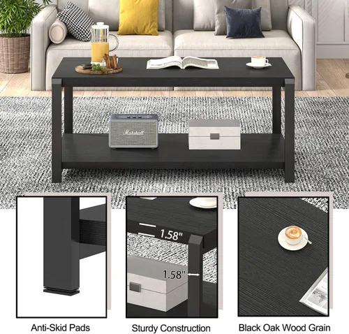 Miniatura 6 de EXCEFUR Mesa de café negra, mesa central moderna de madera rústica para sala de estar, mesa de té industrial rectangular de cóctel con estante
