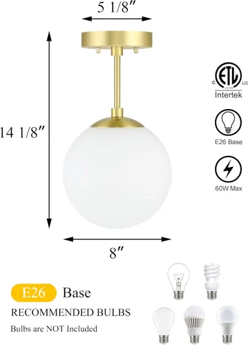 Miniatura 4 de XiNBEi Lighting Lámpara de techo semiempotrada de 1 luz, luz de techo semiempotrada, acabado de latón satinado para sala de estar y comedor