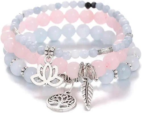 UEUC - Pulseras Reiki, apilables, de piedras curativas, cristales, con dije del árbol de la vida, yoga y hoja de loto, contra la ansiedad y para el