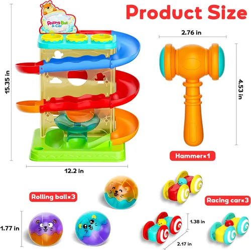 Miniatura 7 de 2 en 1 Pista de Carrera de Bolas Rodantes y Rampa de Coches para Niños Pequeños, Juguete de Bola con Martillo para Niños y Niñas, Juguetes Azul +