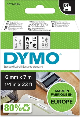DYMO 43613 D1 Cinta de etiquetas extraíble de poliéster, 1/4 pulgadas x 23 pies, negro sobre blanco