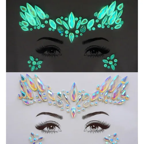 Miniatura 10 de Joyas de cara que brillan en la oscuridad, cristal de Halloween, tatuaje temporal, gemas de diamantes de imitación, cuerpo fluorescente, joyas