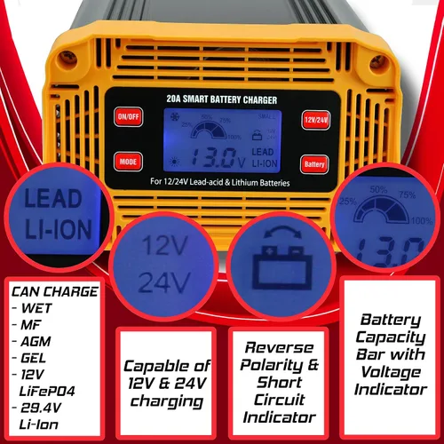 Miniatura 7 de Cargador de batería inteligente de 20 amperios, 12V/20A y 24V/10A, para litio, LiFePO4 y plomo-ácido (AGM/Gel/SLA/MF), para automóvil, barco