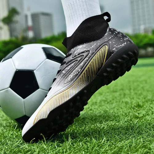 Miniatura 5 de KAONSUFS Zapatos de fútbol para niños grandes, tacos de fútbol altos, con cordones, antideslizantes, para interiores, fútbol sala