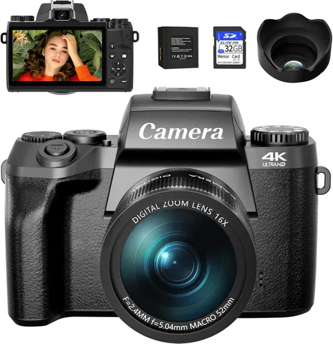 Saneen Cámara digital, cámaras 4K para fotografía, pantalla táctil WiFi de 64 MP con flash, tarjeta de 32 GB, capucha de lente, batería de 3000 mAh,
