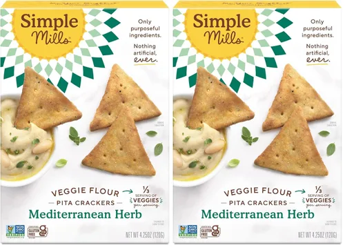 Simple Mills Veggie Pita Crackers, hierba mediterránea, sin gluten, veganas, bocadillos saludables, aptas para paleo, 4.25 onzas (paquete de 2)