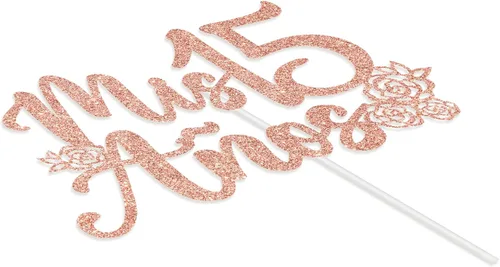 Miniatura 5 de Decoración para tartas Mis 15 años con purpurina de oro rosa, feliz 15 años, feliz 15 años, decoración de fiesta de cumpleaños con temática