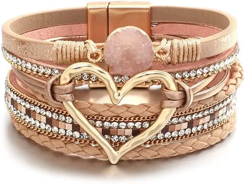 Miniatura 2 de Caiyao Pulsera de cuero para mujer, pulsera de cuentas con decoración en forma de corazón, pulsera de cristal bohemio con cierre magnético, pulsera