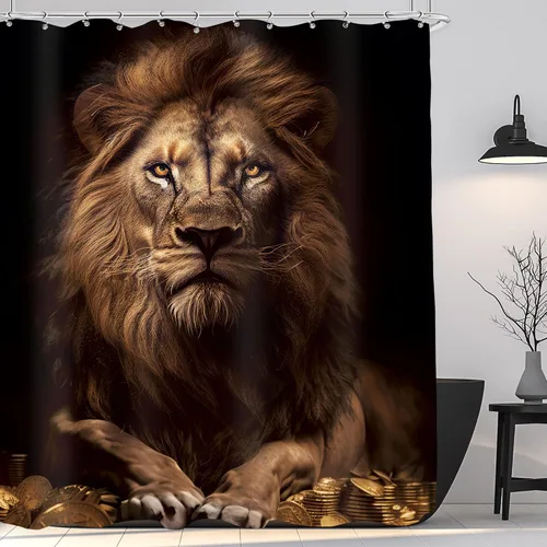 KOMLLEX Cortina de ducha de león africano para decoración de baño, 60 pulgadas de ancho x 72 pulgadas de alto, cortina de ducha para hombre, monedas