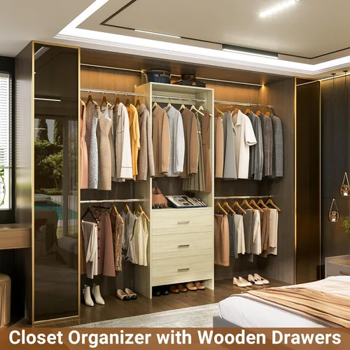 Miniatura 2 de Aheaplus Sistema de Armario, Organizador de Armario con 3 Cajones de Madera, Sistema Organizador de Armario, Armario Vestidor Walk-in con Perchero