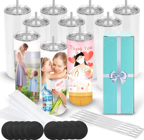 Miniatura 11 de D·S Paquete de 8 vasos de sublimación de 20 onzas a granel con fondo plano y recto, vasos en blanco con caja de regalo individual para transferencia