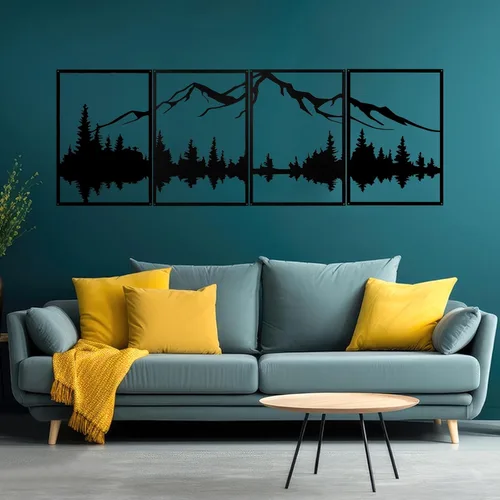 Miniatura 5 de YIYA 4 piezas de arte de pared de metal de montaña, decoración de pared de metal negro decorativo de bosque grande, esculturas de pared verticales