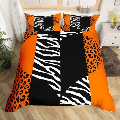 Miniatura 23 de Juego de funda de edredón con estampado de leopardo abstracto, tamaño individual, juegos de ropa de cama de piel de guepardo negro y gris