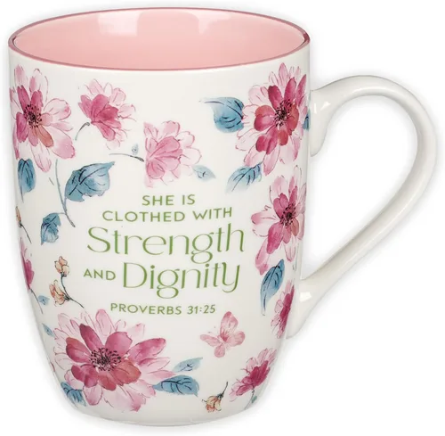 Christian Art Gifts Taza inspiradora de cerámica para café y té para mujeres: Fuerza y Dignidad Versículo Bíblico Alentador de Proverbios, vajilla