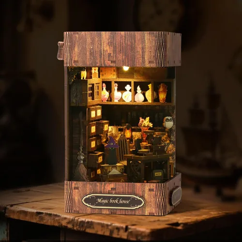 Miniatura 2 de Kit de rincón de libros de bricolaje – Estantería de casa de muñecas en miniatura, rompecabezas de estantería de madera 3D, rompecabezas creativo
