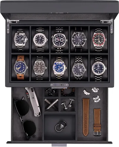 Miniatura 39 de ROTHWELL Caja de reloj de cuero de 10 ranuras con cajón de valet, organizador de exhibición de lujo con forro de microgamuza ultrasuave, soporte