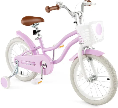 Miniatura 14 de HONEY JOY Bicicleta para niños de 12, 14, 16, 18, 20 pulgadas, con ruedas de entrenamiento, freno de mano y freno de posavasos, cadena totalmente
