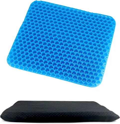 QWORK Cojín de asiento de gel, fresco y transpirable y antideslizante para automóvil, oficina, hogar, silla de ruedas (azul, 15.7 x 13.8 x 1.3 in)