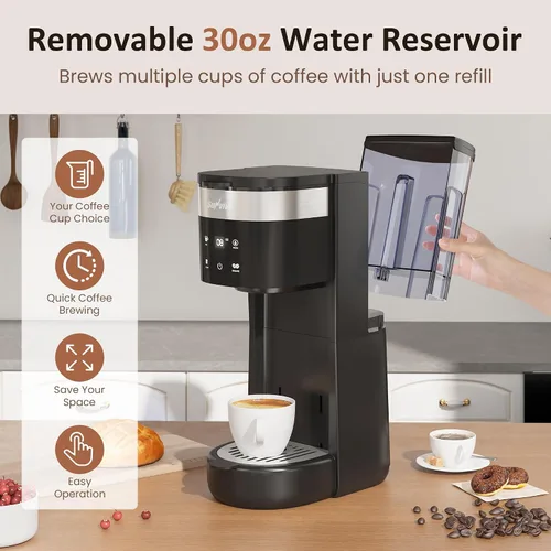 Miniatura 7 de Cafetera de una sola porción 3 en 1, cafetera para cápsulas K-Cup, café molido y tés, depósito de agua extraíble de 30 onzas, tamaños de preparación