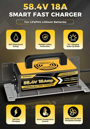 Miniatura 2 de Cargador de batería de litio de 58.4V 18AMP para batería LiFePO4 de 48 V (51.2 V), impermeable IP65, ideal para carrito de golf, fueraborda