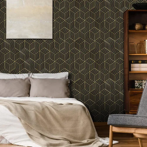 Miniatura 3 de WENMER Papel tapiz hexagonal geométrico de 17.7 x 118 pulgadas, para despegar y pegar, papel de contacto geométrico extraíble negro y dorado