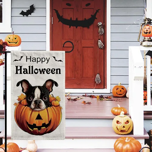 Miniatura 2 de Bandera de jardín de bulldog de Halloween de 12.5 x 18 pulgadas, vertical, doble cara, calabaza de Feliz Halloween, linda cachorro, decoración