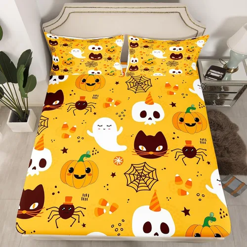 Miniatura 30 de Erosebridal Sábana bajera ajustable de Halloween, diseño de calabaza de dibujos animados, diseño de arco iris para niños, niñas, adolescentes