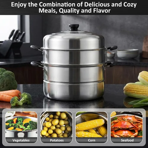 Miniatura 6 de AuFranc® Vaporizador de 8 cuartos de galón para cocinar, olla de vapor de acero inoxidable con cesta de vapor, olla multiusos con tapa fría