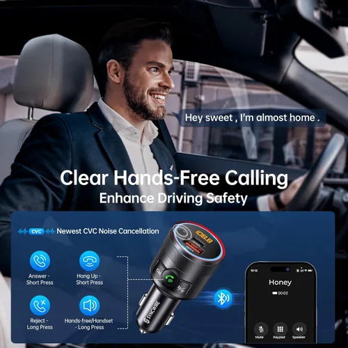 Miniatura 5 de Syncwire Transmisor FM Bluetooth 5.4 para coche, 38 W PD y QC3.0 Dual USB Carga Bluetooth Adaptador de coche Micrófono y sonido de graves MP3 Negro