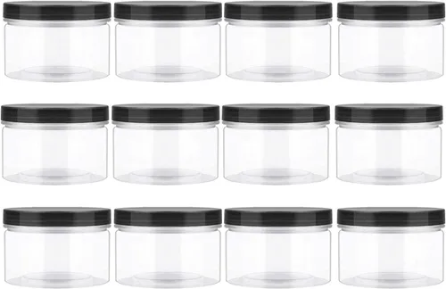 Tarros de plástico vacíos de boca ancha transparentes de 11.5 onzas (11.5 fl oz) con tapas y etiquetas negras lisas (paquete de 12) - Contenedores