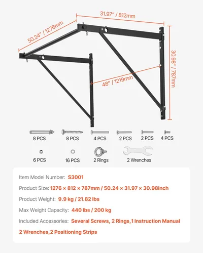 Miniatura 7 de VEVOR Pull Up Bar, Multi-Grip Wall Mounted Pull Ups, 50 in Width Multifunctional Chin Up Training Station, Heavy Duty Steel Upper Body Workout Bars