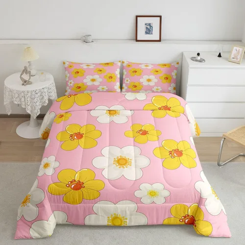 Miniatura 16 de Lindo juego de edredón de flores para niños y mujeres. Juego de ropa de cama de flores coloridas de dibujos animados, tamaño individual, bonito