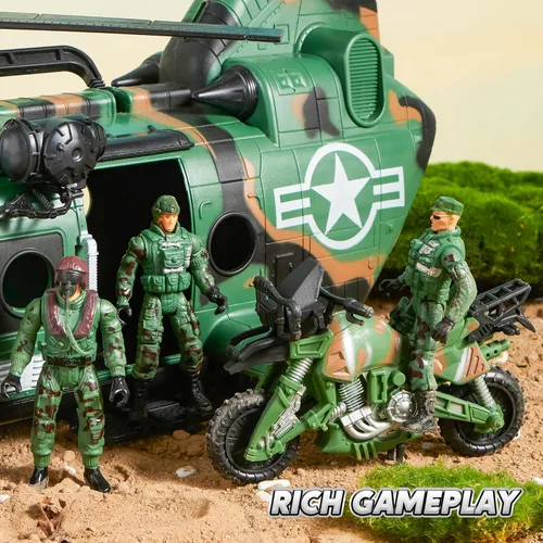 Miniatura 6 de JOYIN - Juego de juguetes de helicóptero militar 10 en 1 con luz, sonido, camiones, barco, bicicleta, soldados del ejército, armas - Regalos