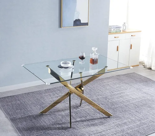 Miniatura 15 de Mesa de comedor rectangular moderna de vidrio, mesa de cocina de vidrio con parte superior de vidrio templado transparente y pedestal de base doble