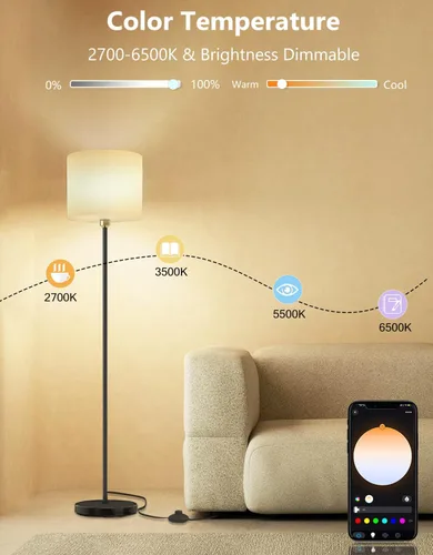 Miniatura 4 de YHW Lámpara de pie para sala de estar compatible con Alexa y Google, pantalla de lino blanco LED lámpara de pie alta y brillante lámpara de pie Beige