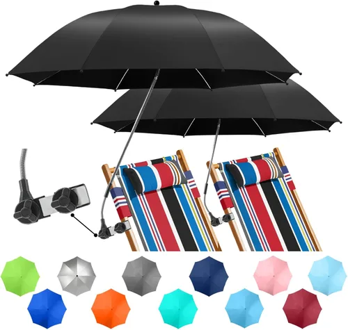 Miniatura 19 de Paquete de 2 paraguas de playa con abrazadera, paraguas ajustable de 360° para silla, paraguas UPF50+ para silla de playa, silla de patio, silla