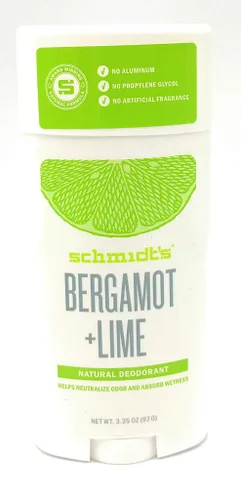 Desodorante natural libre de aluminio Schmidt's para protección contra el olor y frescura durante 24 horas, Bergamota + Lima vegano, certificado