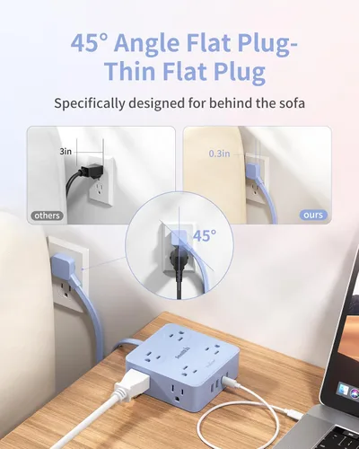 Miniatura 3 de SMALLRT - Cable de extensión con múltiples tomas, extensor de salida con protector de sobretensiones, enchufe plano de 6.5 pies con puertos USB, 8