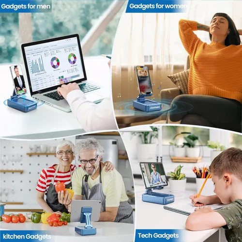 Miniatura 2 de JTEMAN Soporte para teléfono celular con altavoz Bluetooth, sonido estéreo HD y base antideslizante, soporte plegable ajustable para teléfono de Azul