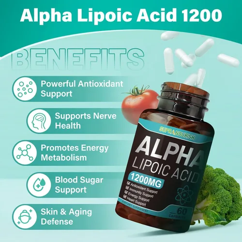 Miniatura 3 de Ácido alfa lipoico 1000 mg Suplemento de apoyo nervioso 6 en 1 con benfotiamina, B1, B12, semilla de uva y ubiquinol sin OMG, 60 cápsulas