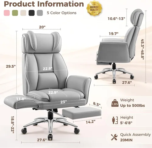 Miniatura 2 de Big and Tall Office Chair, Flip Armrests for Cross Legged Sitting, Ergonomic Leather Executive Desk Chair with Foot Rest, High-Back Reclining