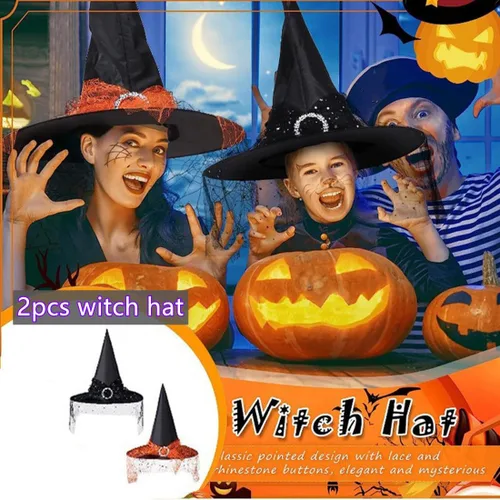 Miniatura 2 de Sombrero de bruja de Halloween para mujer, sombrero puntiagudo con velo, accesorio para disfraz de bruja de carnaval, fiesta de disfraces