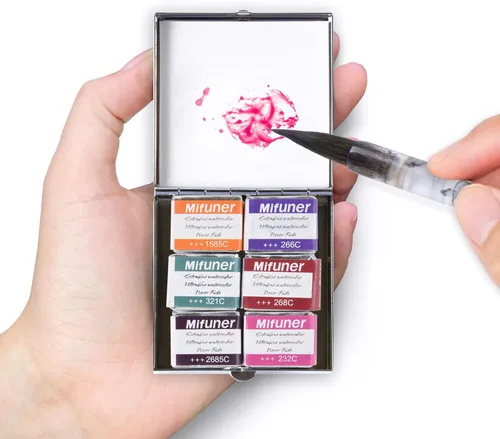 Miniatura 16 de Mini Juego de Caja de Lata de Viaje de Pintura de Acuarela de Artista Portátil Hecha a Mano con 6 Medias Bandejas Sólidas con Purpurina Nacarada