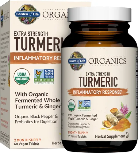 Garden of Life Organics|60 tabletas para respuesta inflamatoria de cúrcuma extrafuerte|100mg de curcumina (95% curcuminoides)/pimienta