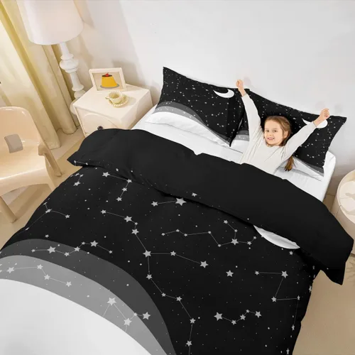 Miniatura 9 de Juego de funda de edredón con estrellas con purpurina y galaxia psicodélica, color azul marino y morado, tamaño individual, juego de ropa de cama