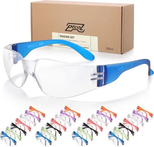 28 unidades de gafas de seguridad en 7 colores (paquete grande de 24+4) Gafas protectoras unisex transparentes antiarañazos, lentes resistentes a