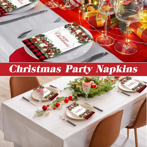 Miniatura 4 de Cholemy 200 servilletas de papel desechables de papel de 2 capas, diseño de bola de árbol de Navidad, diseño de Papá Noel negro, para cocina y baño