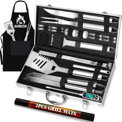 ROMANTICIST Juego de 26 herramientas de parrilla de acero inoxidable, accesorios de parrilla de alta resistencia, regalos para hombres y papá, kit